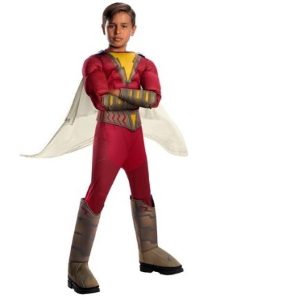 Shazam Muscle Halloween Costume 4/6 Jumpsuit w/ Boot Tops, Cape, Mask Super Hero